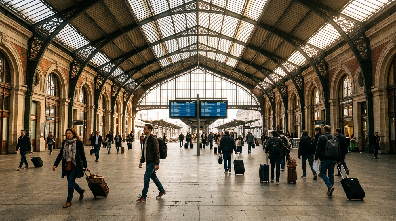 Hall principal d'une grande gare européenne animée