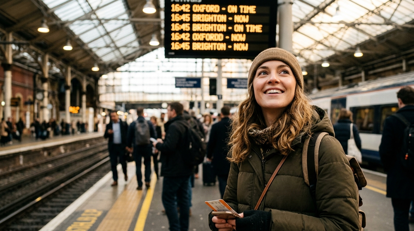 Voyageur souriant sur un quai de gare