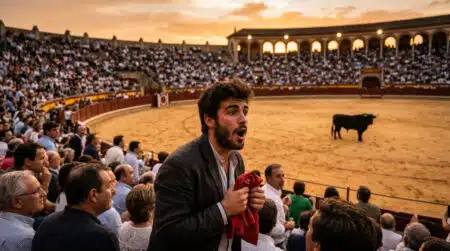Spectateur surpris dans une arène face à un taureau calme