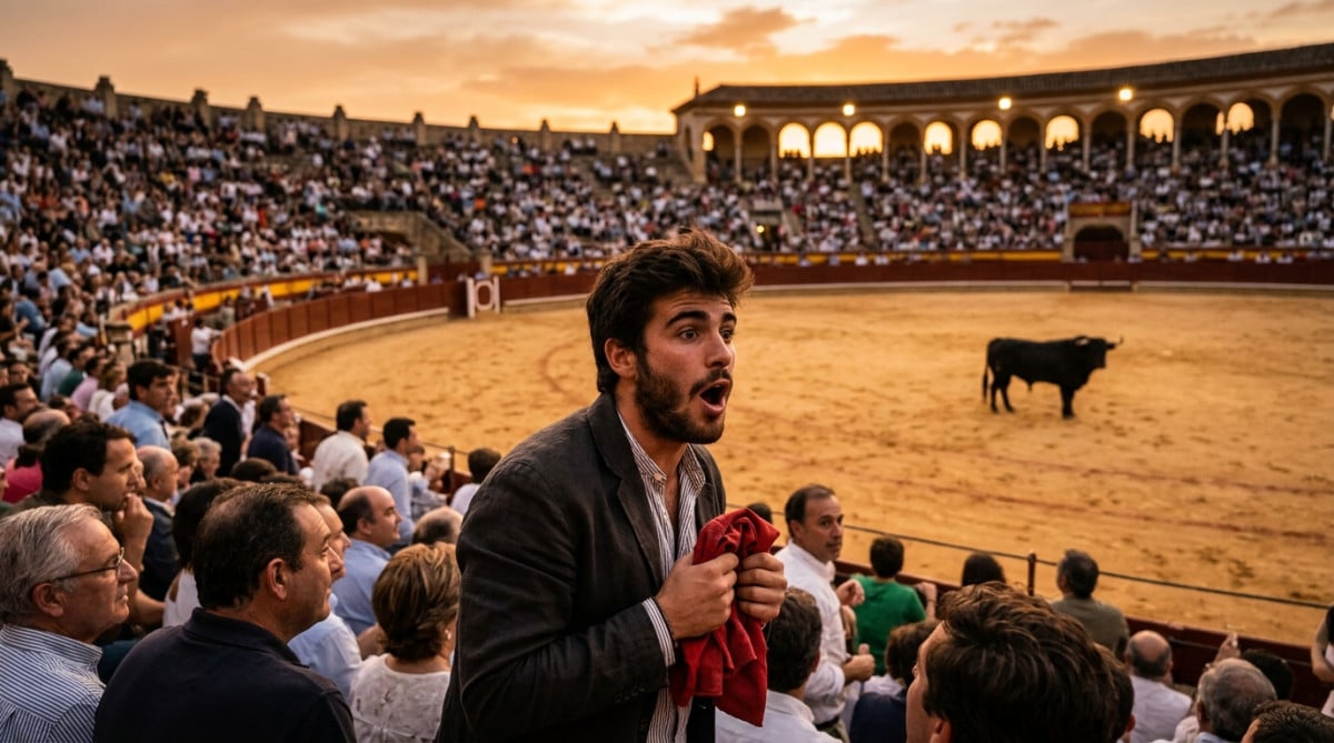 Spectateur surpris dans une arène face à un taureau calme