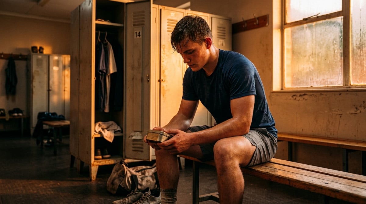 Sportif dans un vestiaire tenant une boîte de tabac