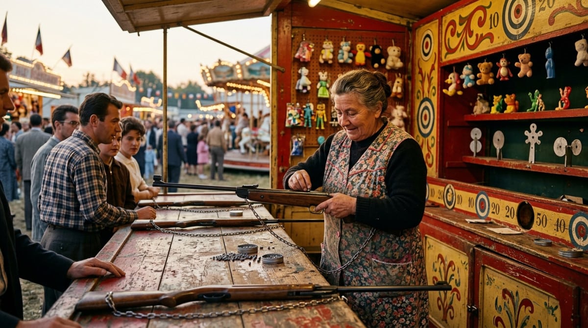 Stand de tir forain des années 60 avec carabines à plomb