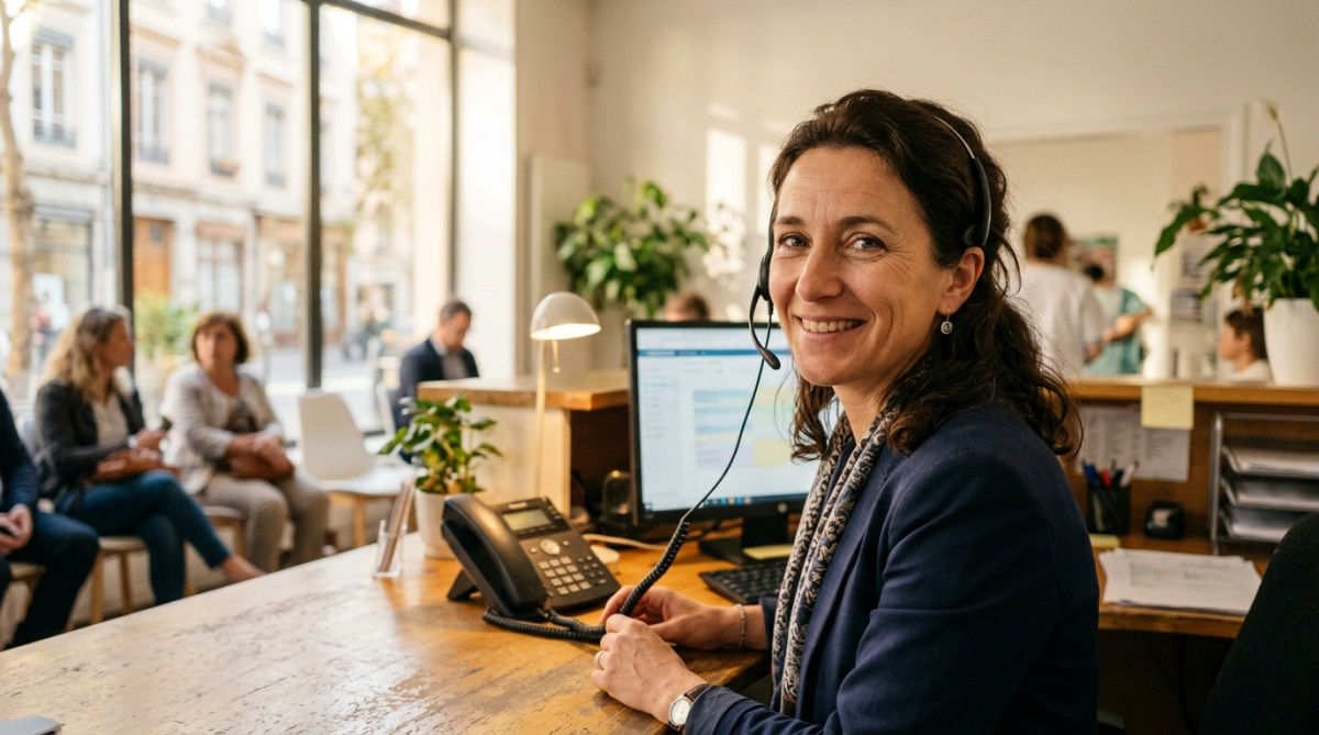 Standardiste médicale souriante avec casque au bureau