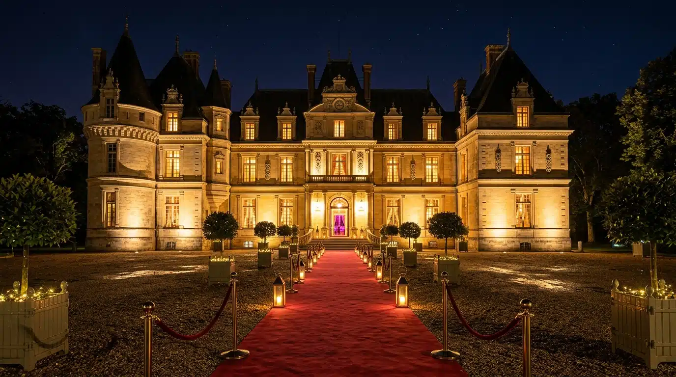 Château illuminé de nuit avec tapis rouge à l'entrée
