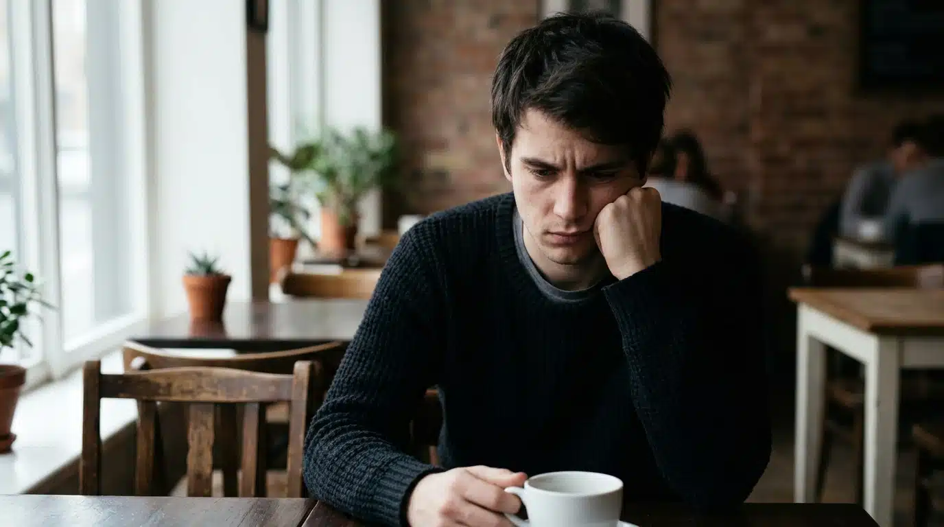 Jeune homme au visage triste assis seul dans un café