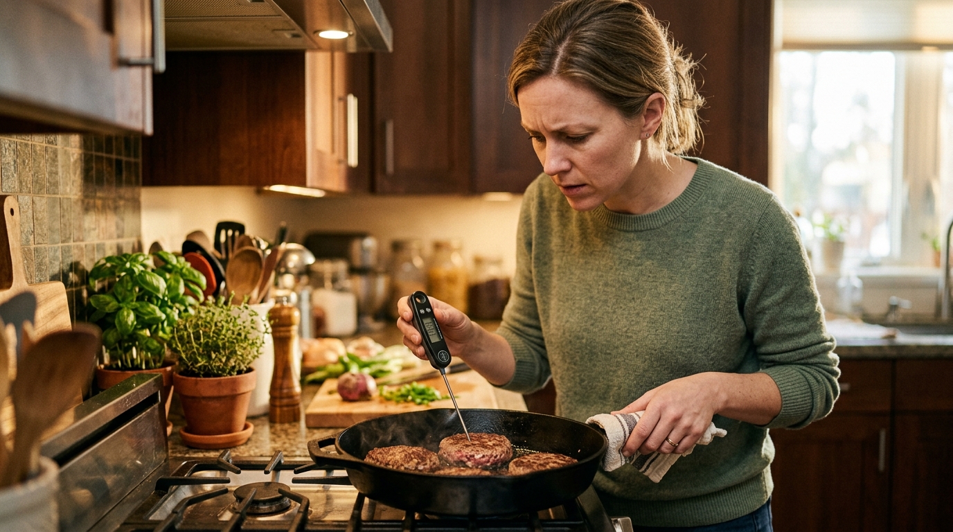 Femme vérifiant la cuisson à cœur d'un steak haché