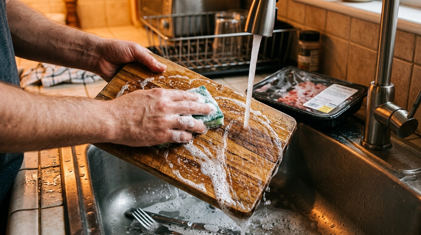 Nettoyage d'une planche à découper après manipulation de viande crue