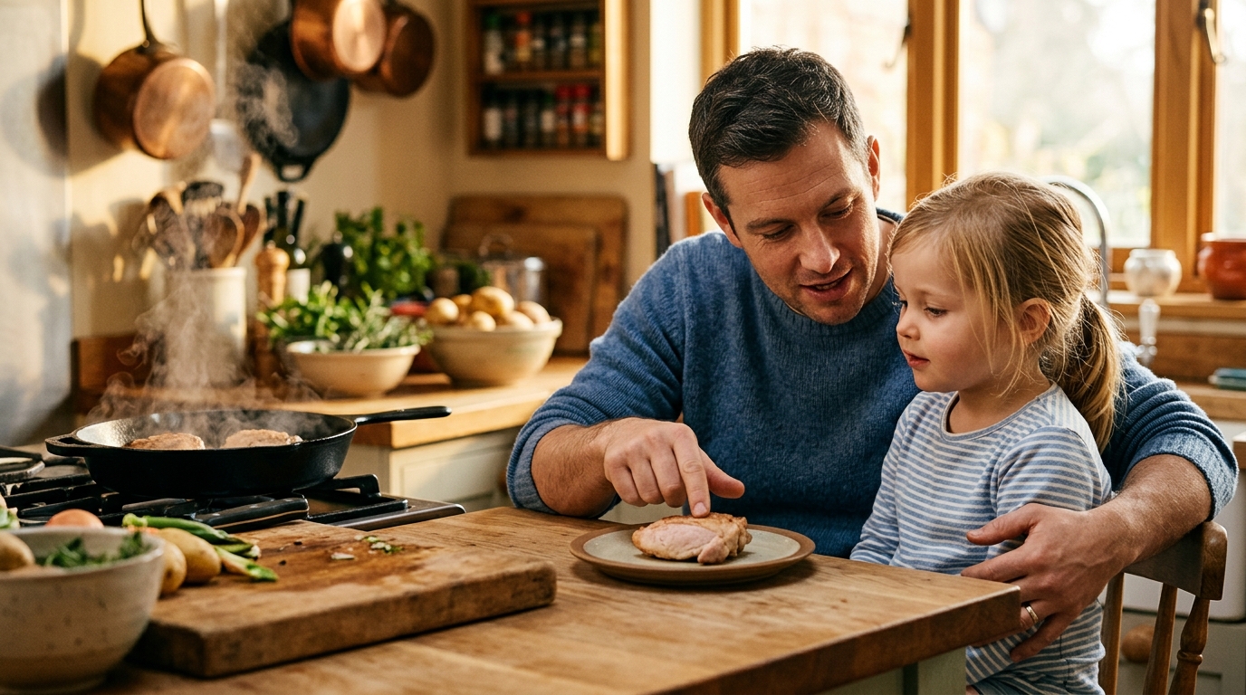 Père expliquant à son enfant l'importance de la cuisson