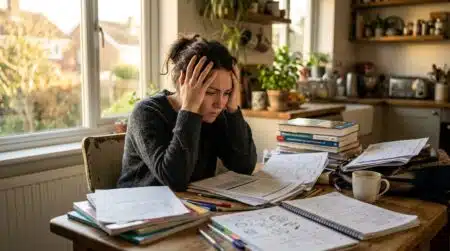 Femme stressée devant des fournitures scolaires à la rentrée