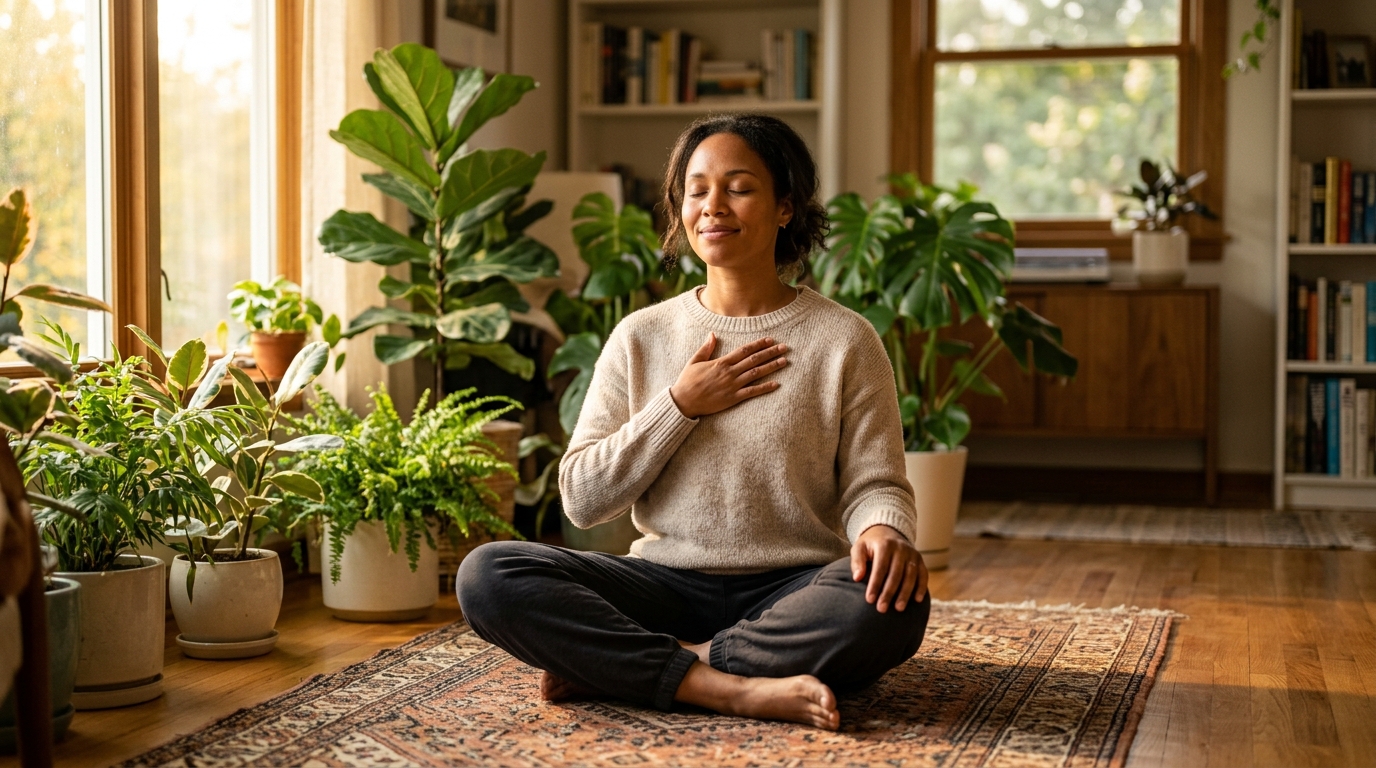 Femme pratiquant la respiration abdominale pour se détendre