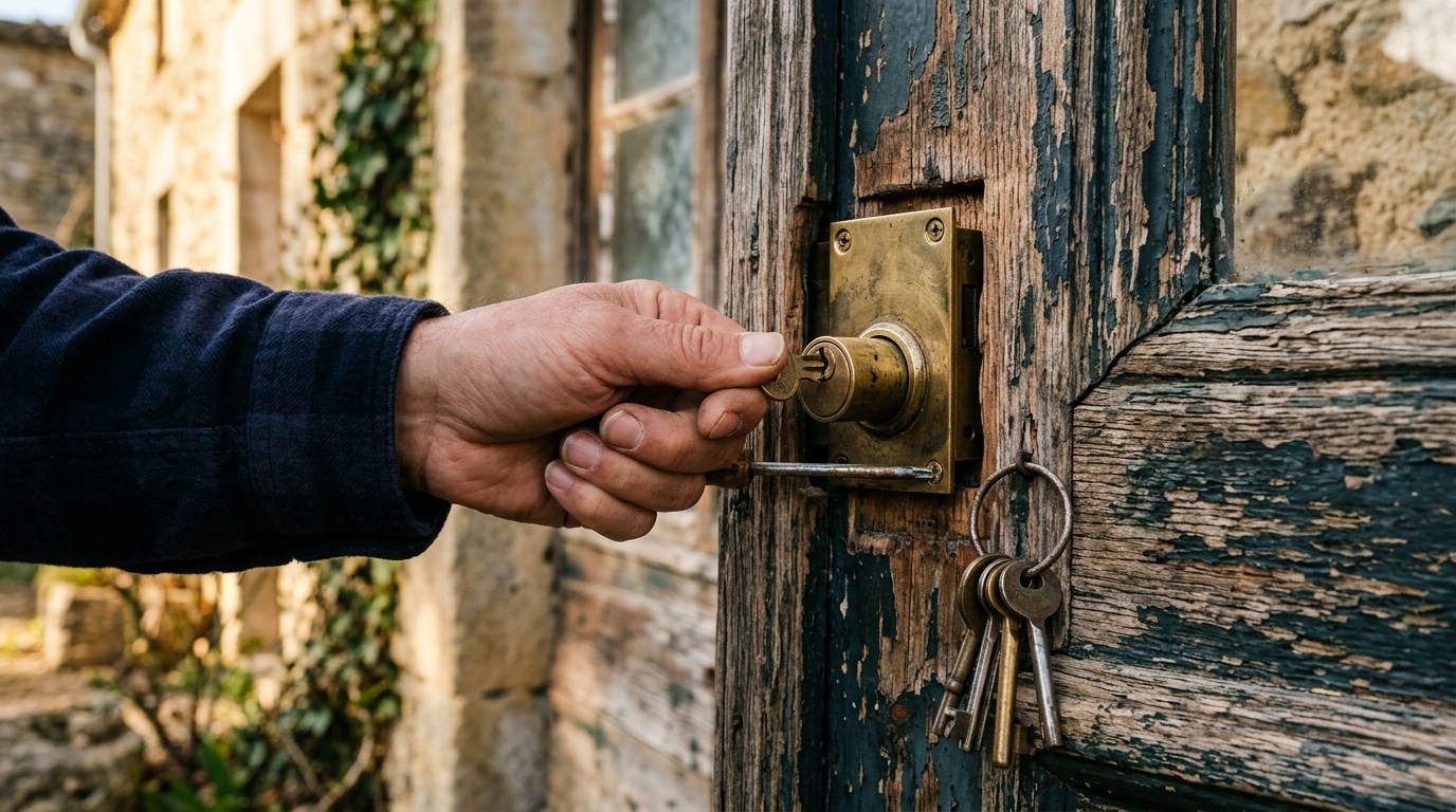 Main tenant des clés devant une porte ancienne