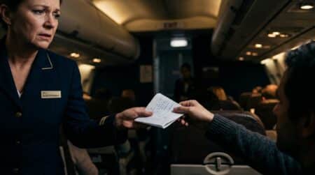 Hôtesse recevant une note manuscrite d'une passagère