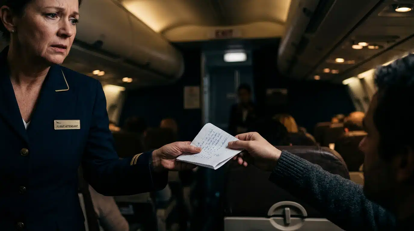 Hôtesse recevant une note manuscrite d'une passagère