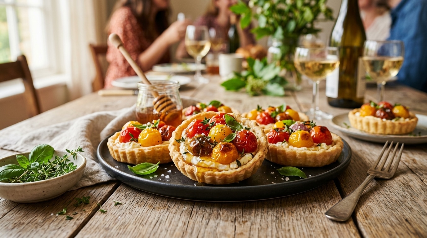 Tartelettes tomates cerises, chèvre frais et miel dorées