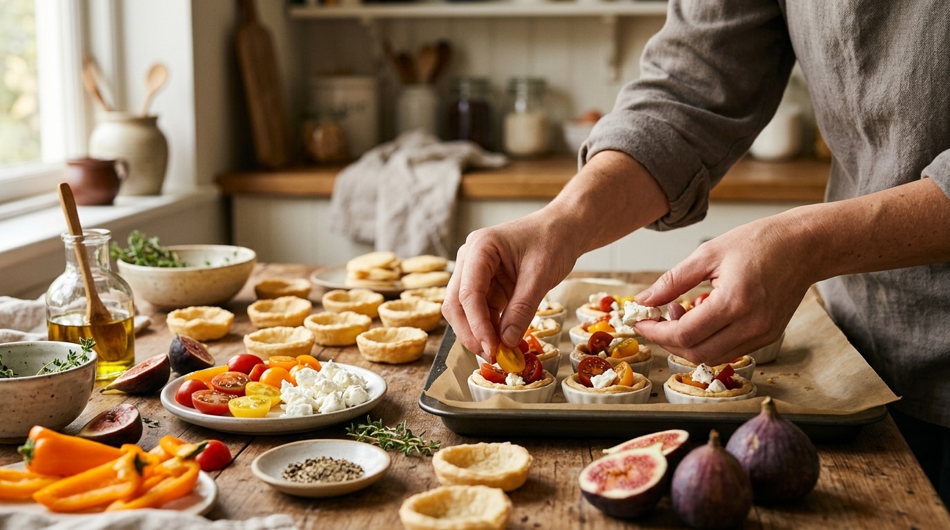 Mains assemblant des tartelettes avec figues et poivrons