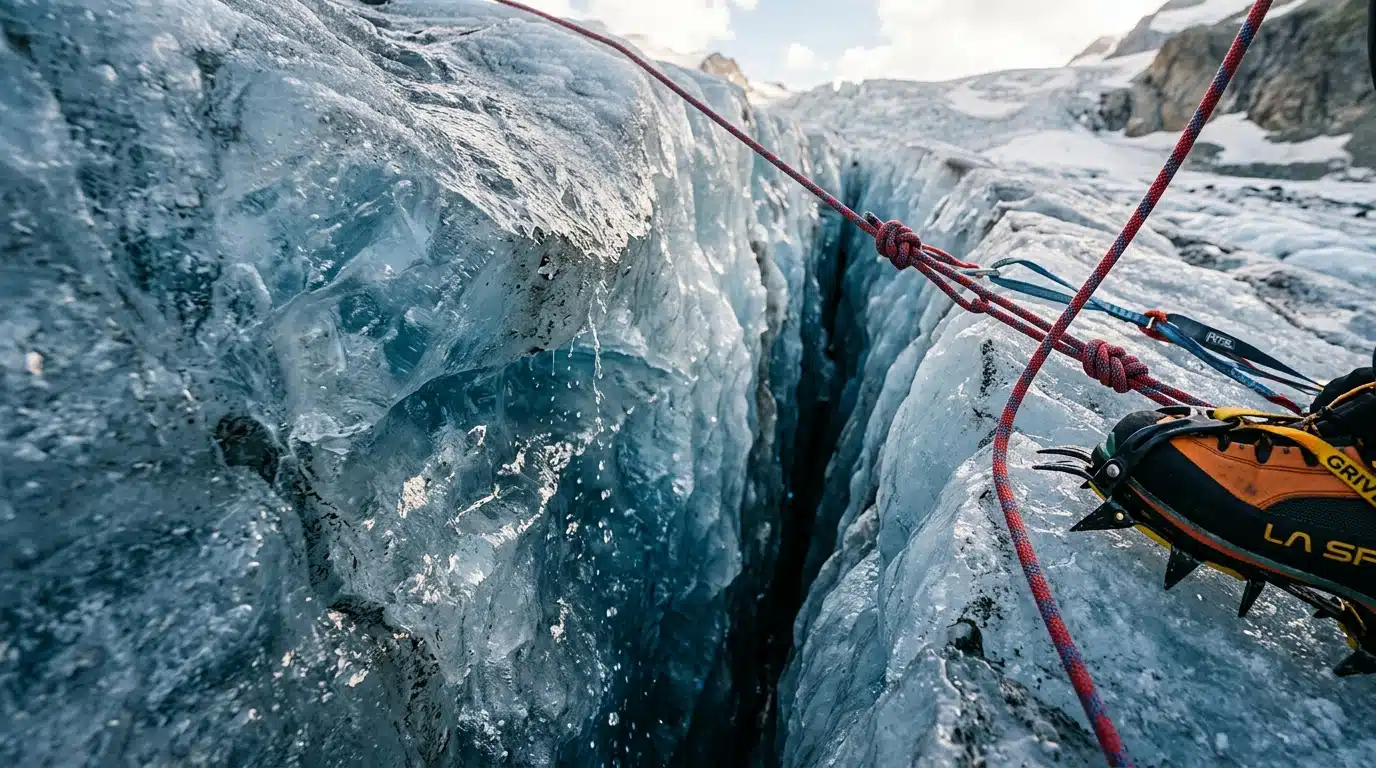 Glace fondue et crevasse près de cordes d'alpinisme