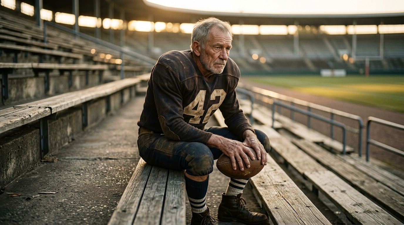 Joueur de football vintage assis seul sur un banc