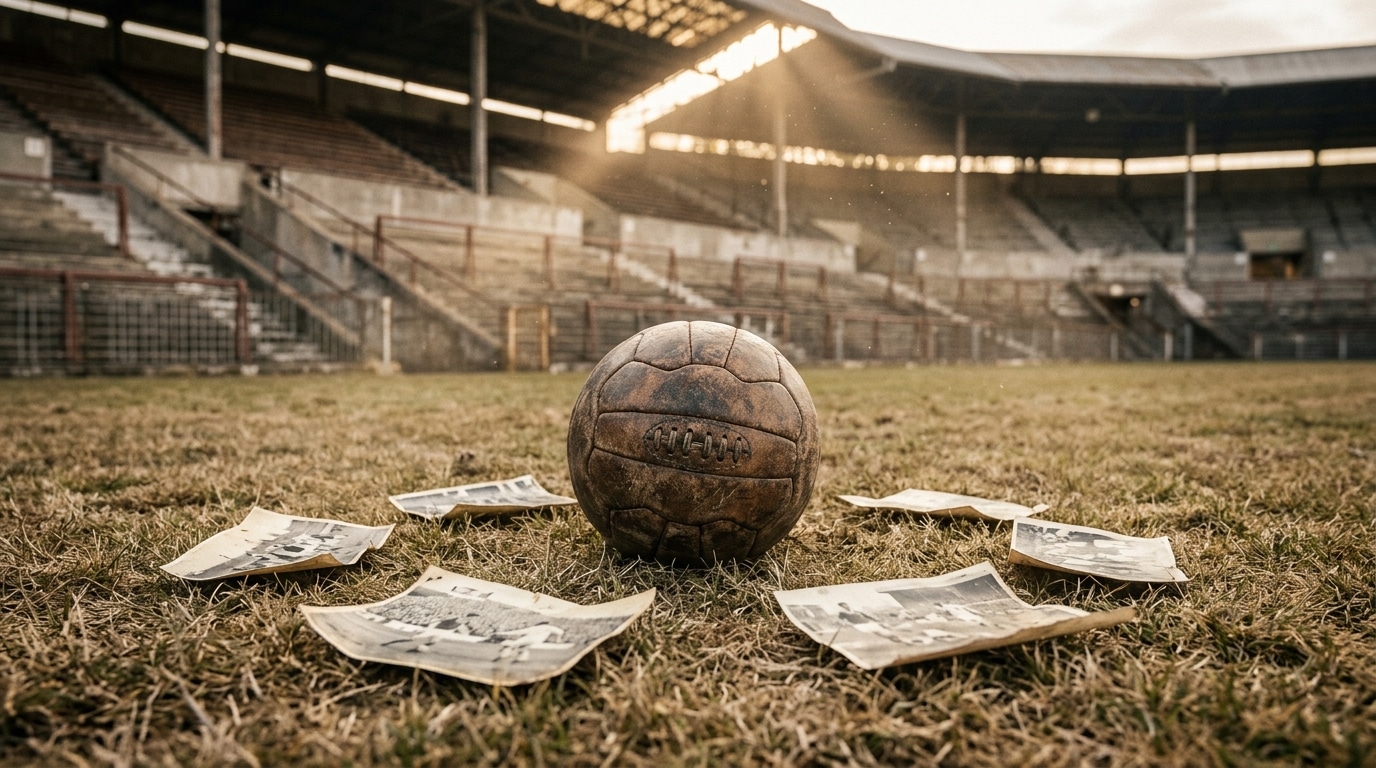 Ballon de football ancien sur pelouse vide et nostalgique