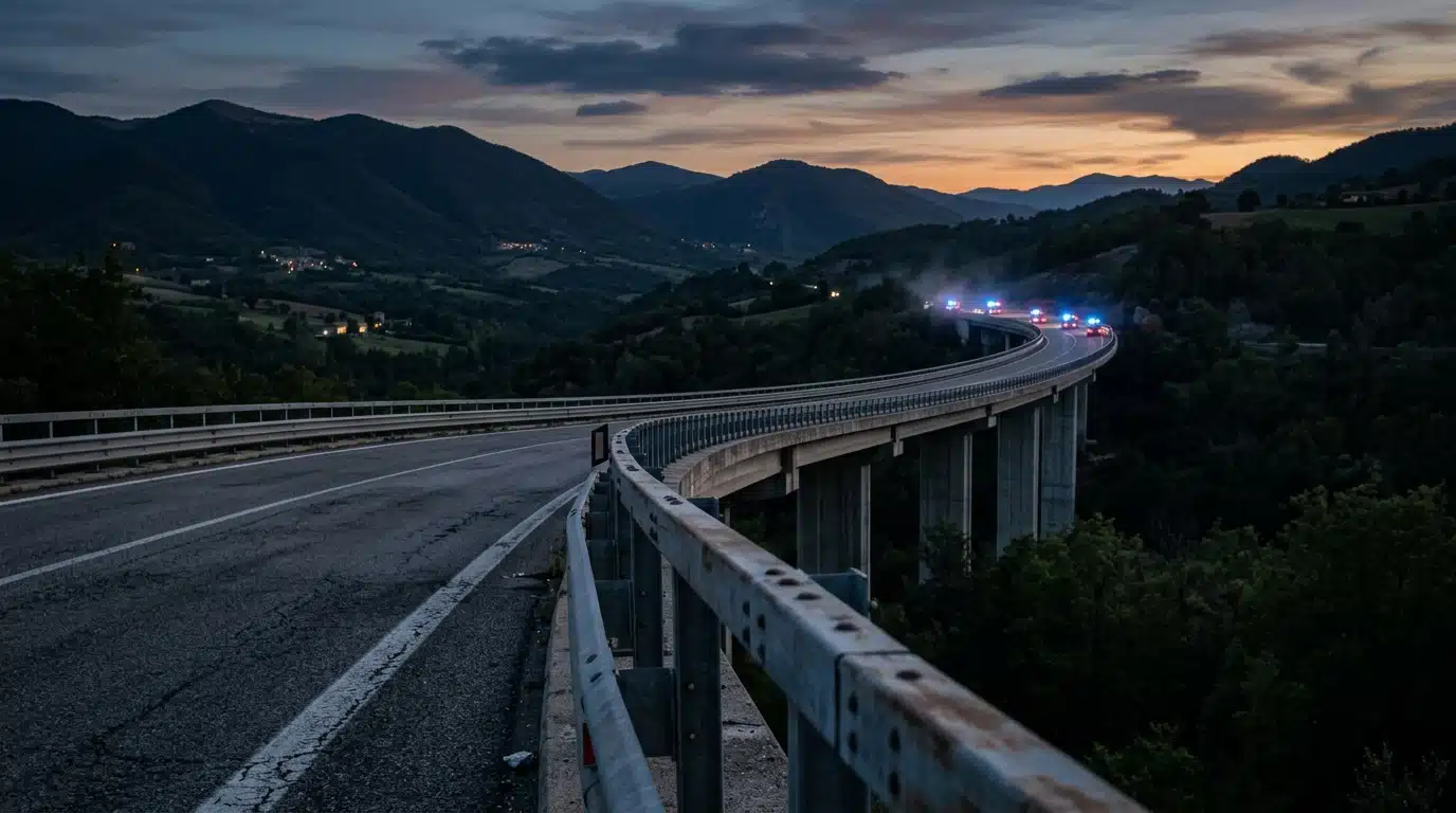 Viaduc autoroutier italien au crépuscule avec gyrophares