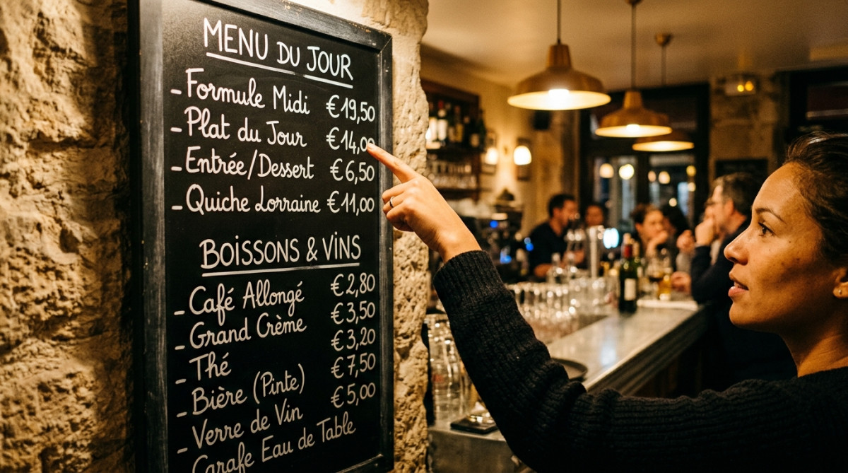 Tableau des prix affiché dans un café français