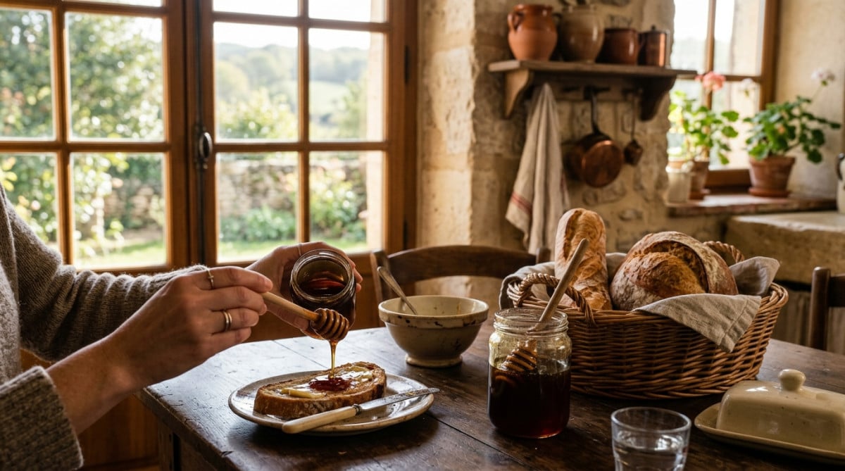 Tartine de pain avec du miel de châtaignier