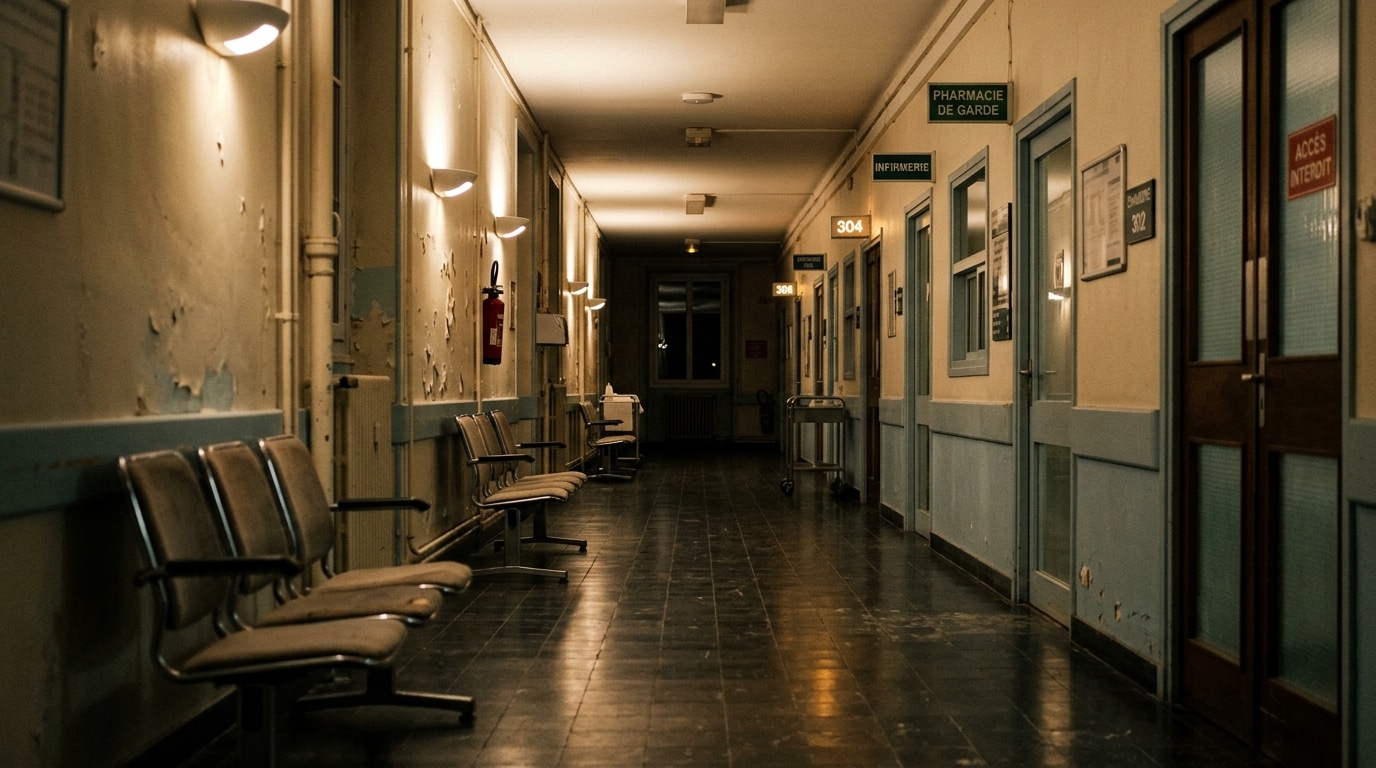 Couloir d'hôpital désert, ambiance tendue
