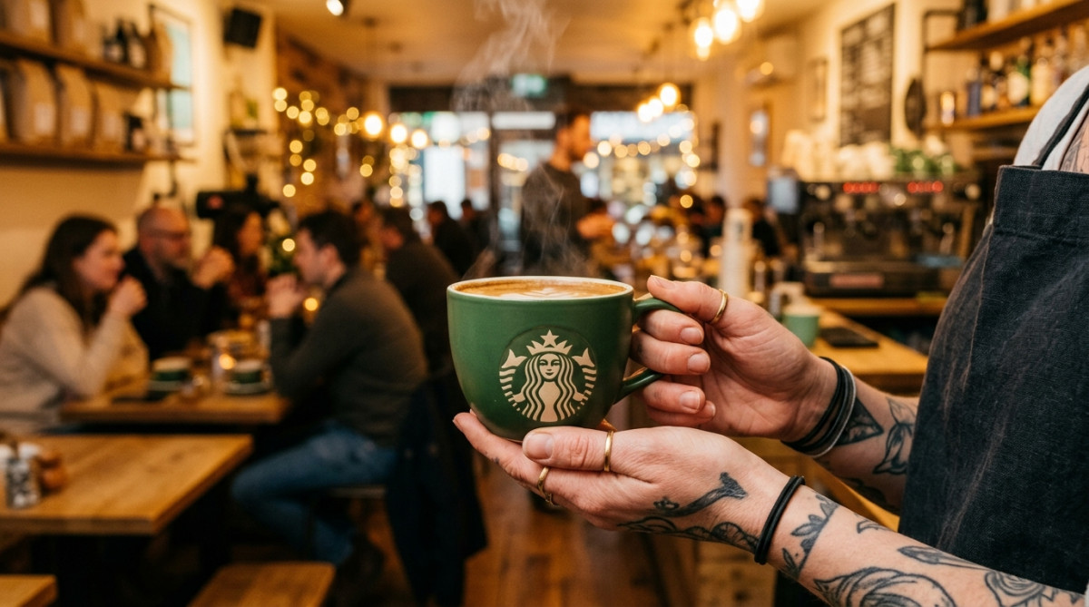 Tasse de café avec le logo sirène dans un café chaleureux