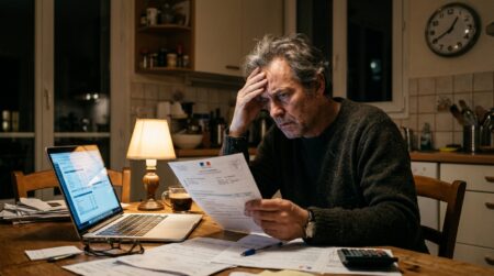 Homme vérifiant sa taxe foncière sur ordinateur le soir