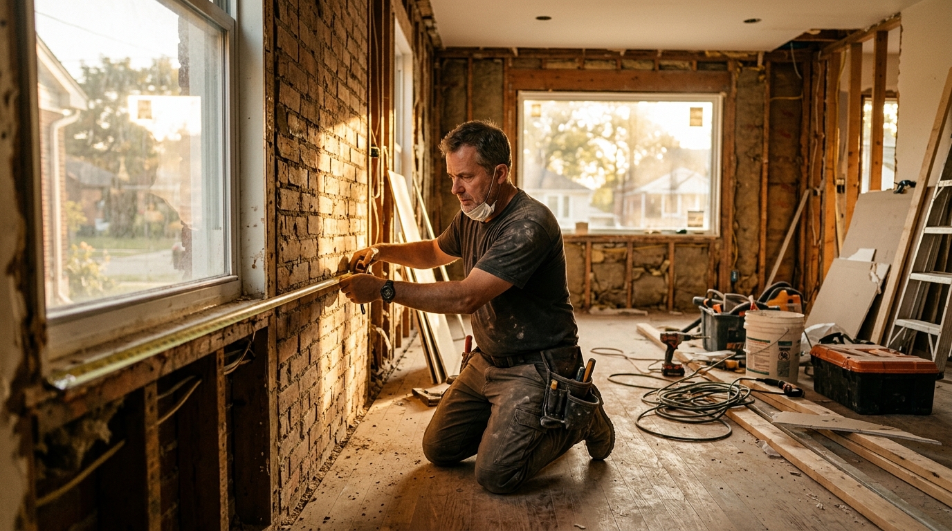 Personne mesurant une pièce en travaux avec un mètre
