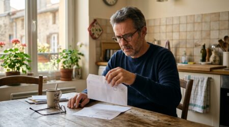 Propriétaire ouvrant son avis de taxe foncière à table