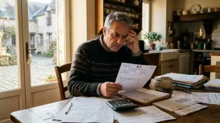 Homme inquiet consultant son avis de taxe foncière à table