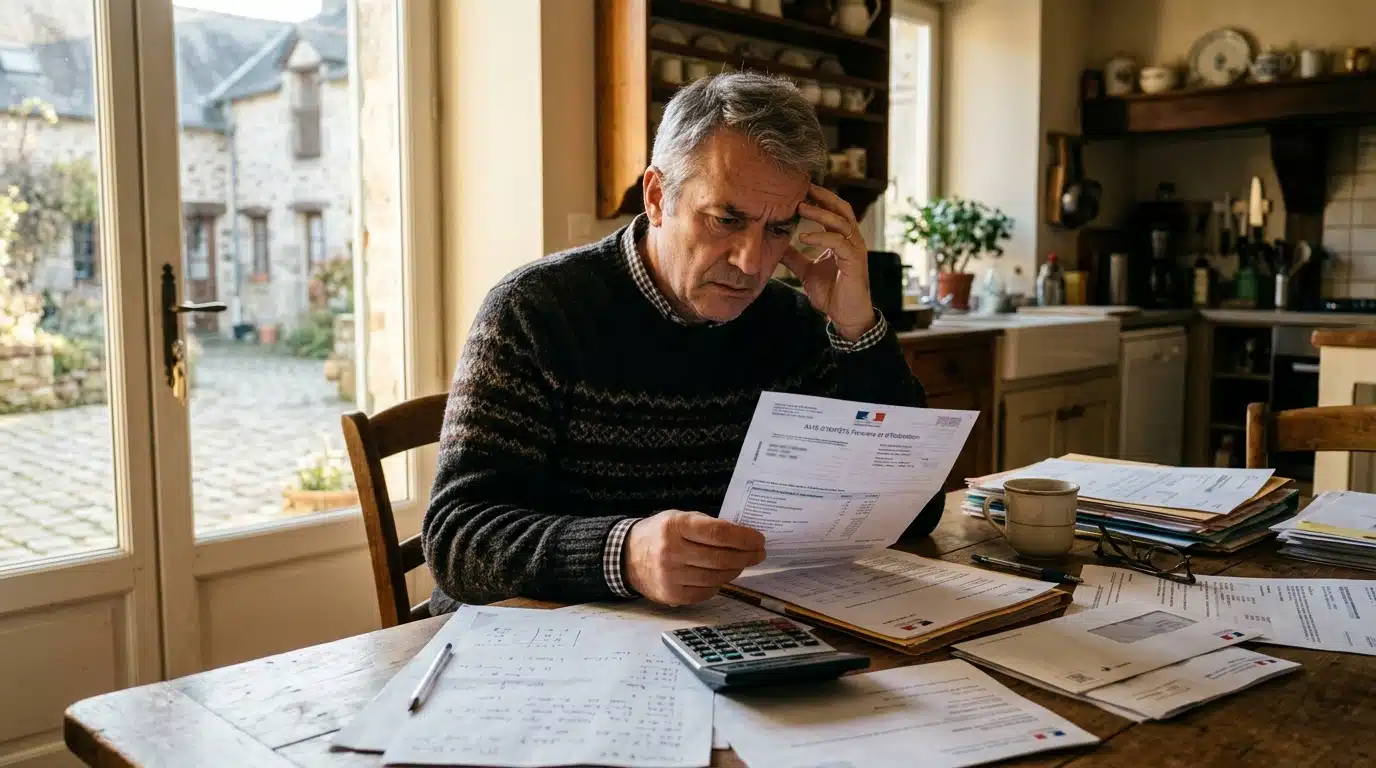 Homme inquiet consultant son avis de taxe foncière à table