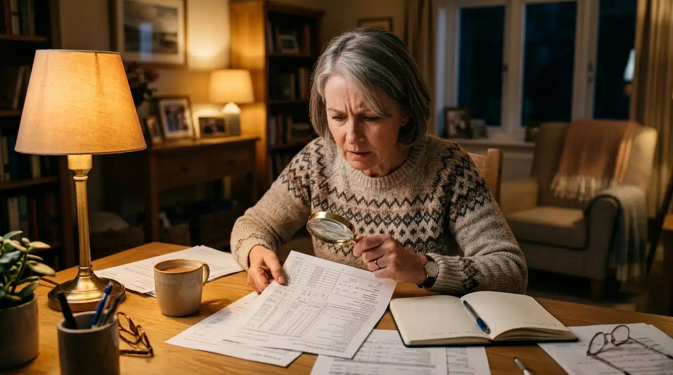 Femme vérifiant un document fiscal avec une loupe