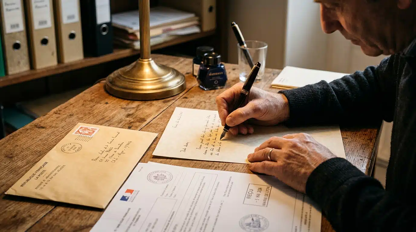 Mains rédigeant une lettre de réclamation fiscale