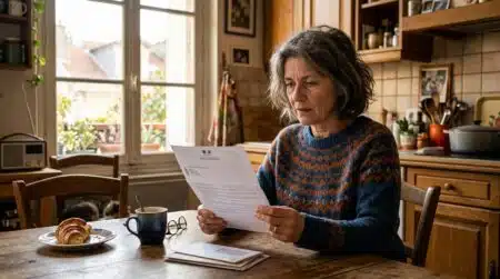 Femme vérifiant son avis de taxe foncière à table