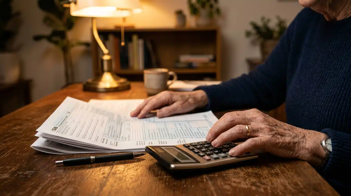 Mains d'un senior tenant un document fiscal et une calculatrice
