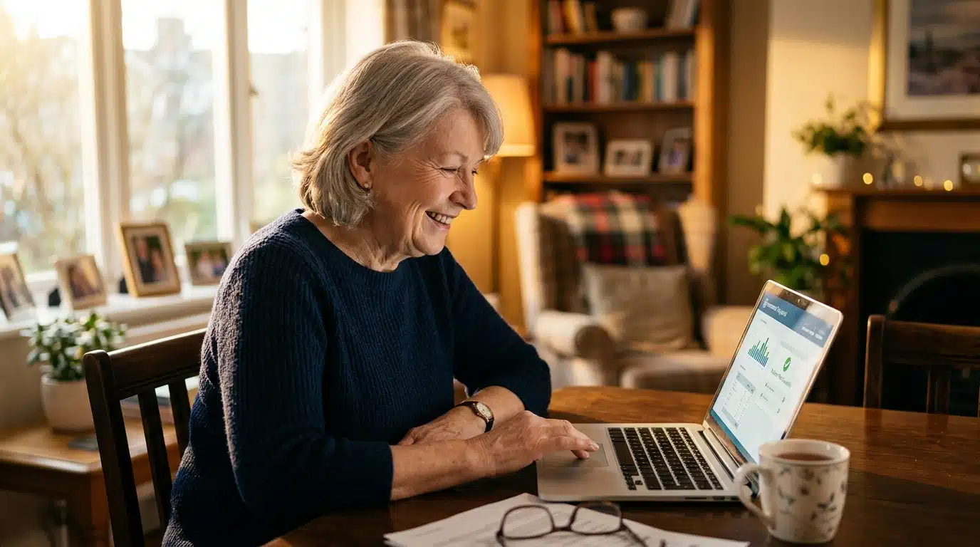 Retraitée souriante vérifiant ses droits sur internet