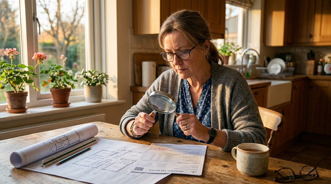 Femme vérifiant son avis de taxe foncière à la loupe