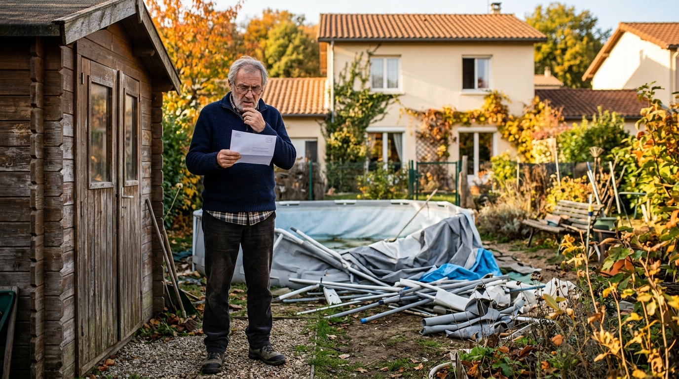 Propriétaire perplexe devant un abri de jardin et une piscine démontée