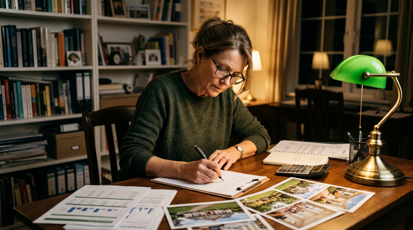Femme rédigeant une réclamation avec documents et photos du logement