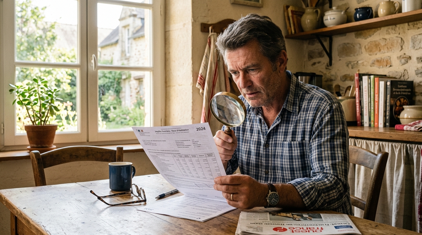Homme vérifiant son avis de taxe foncière à la loupe