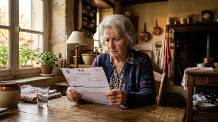 Femme âgée inquiète devant son avis de taxe foncière