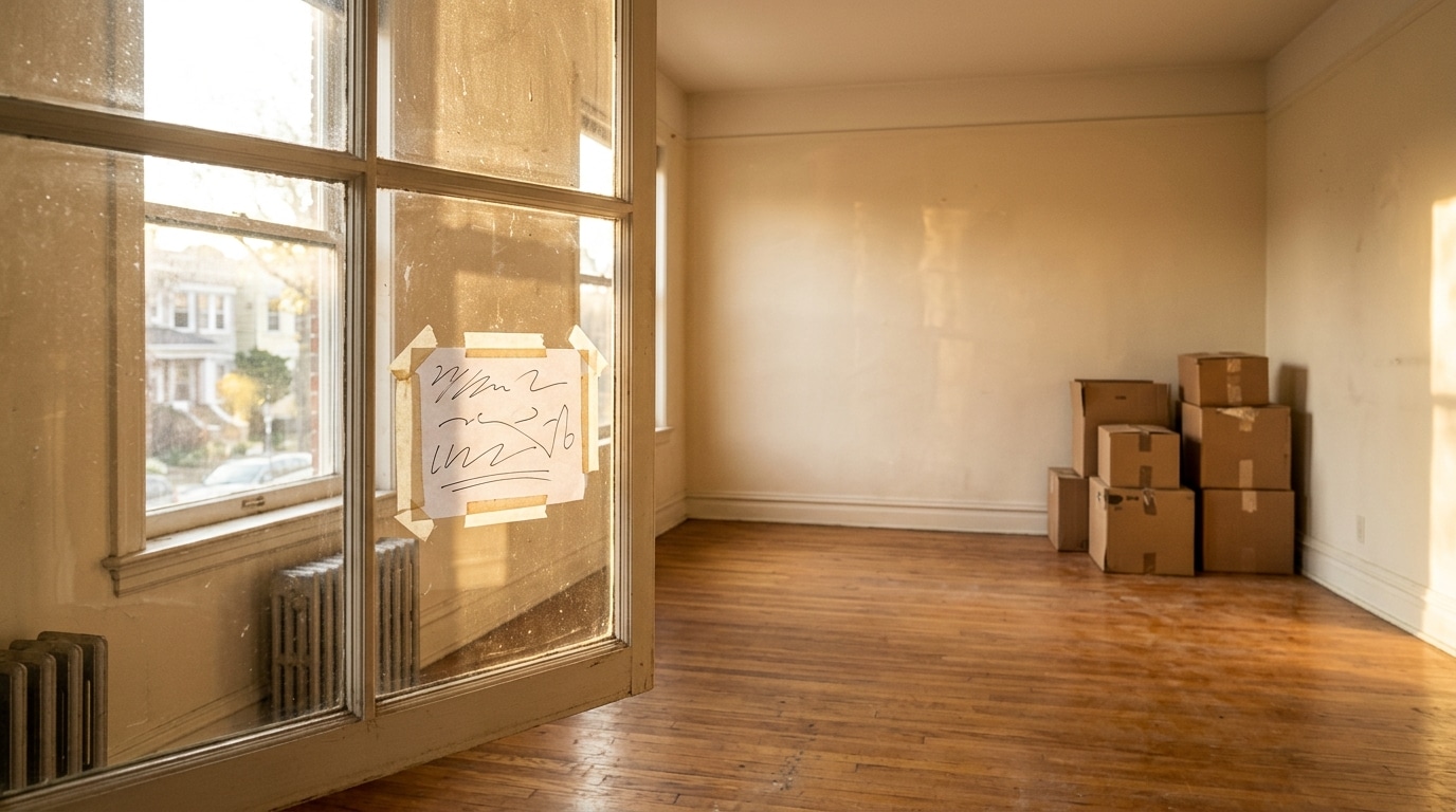 Appartement vide avec pancarte à louer dans la fenêtre