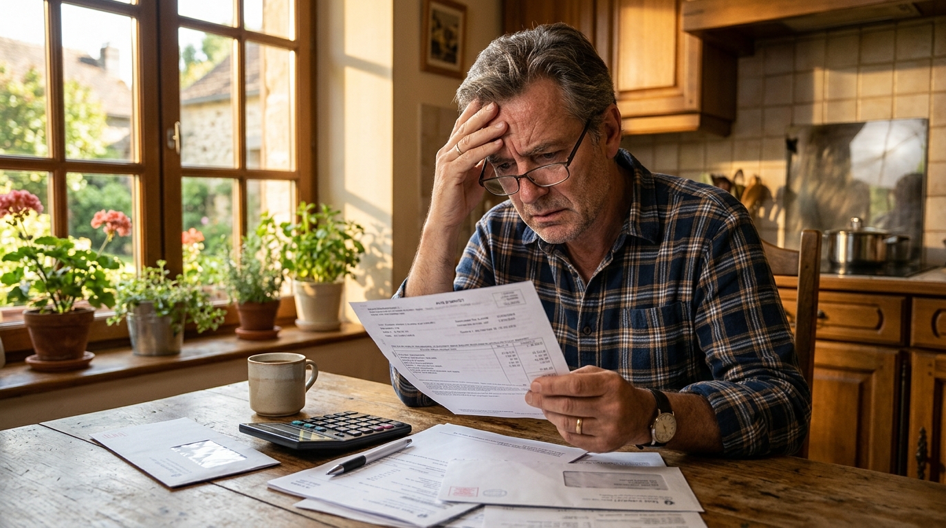 Homme inquiet devant sa facture de taxe foncière