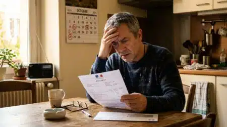 Homme inquiet consultant son avis de taxe foncière à table