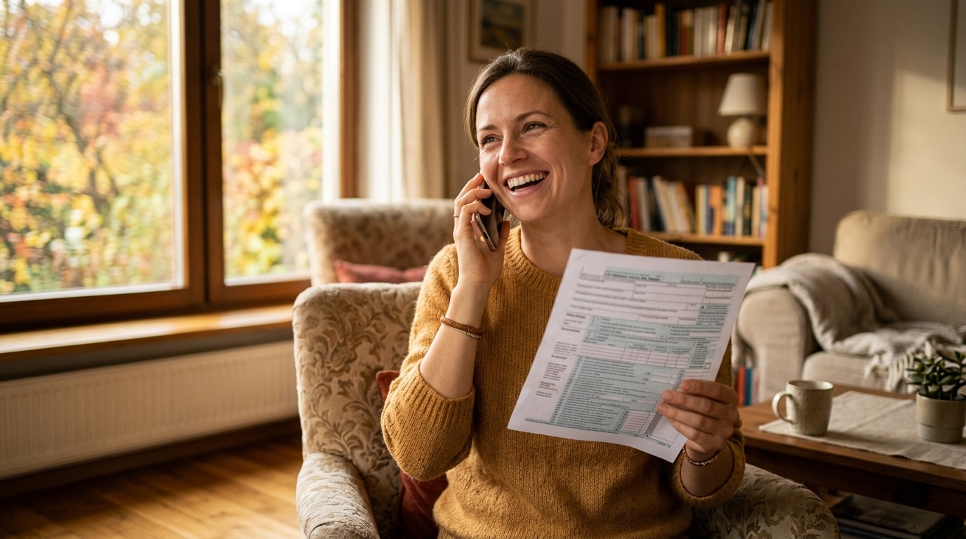 Femme soulagée après avoir résolu son paiement par téléphone