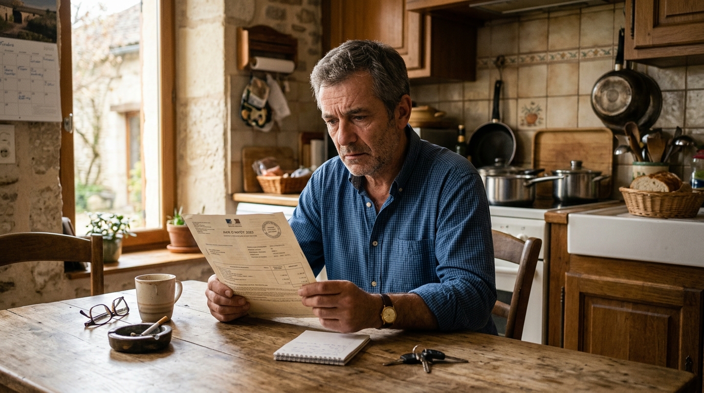 Homme inquiet consultant son avis de taxe foncière à table