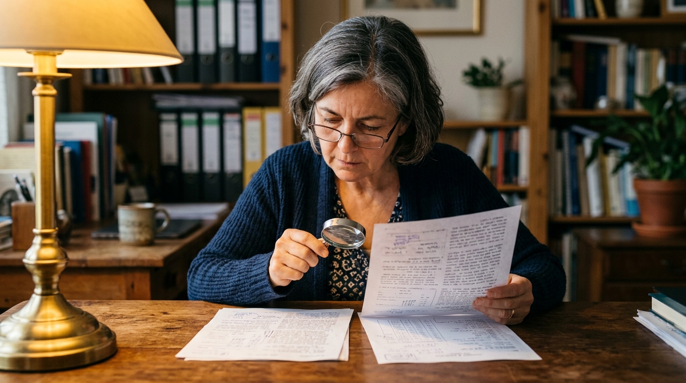 Femme comparant deux avis de taxe foncière avec une loupe