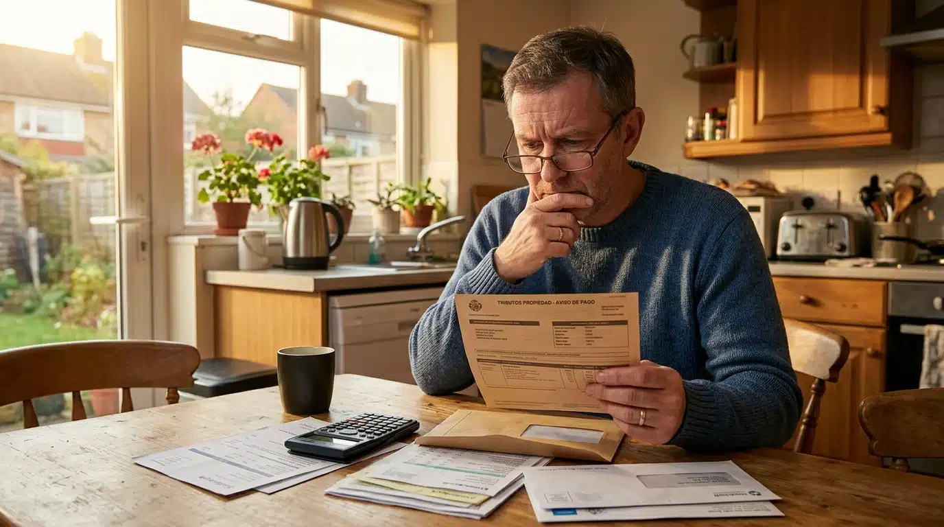 Homme inquiet consultant son avis de taxe foncière à la maison
