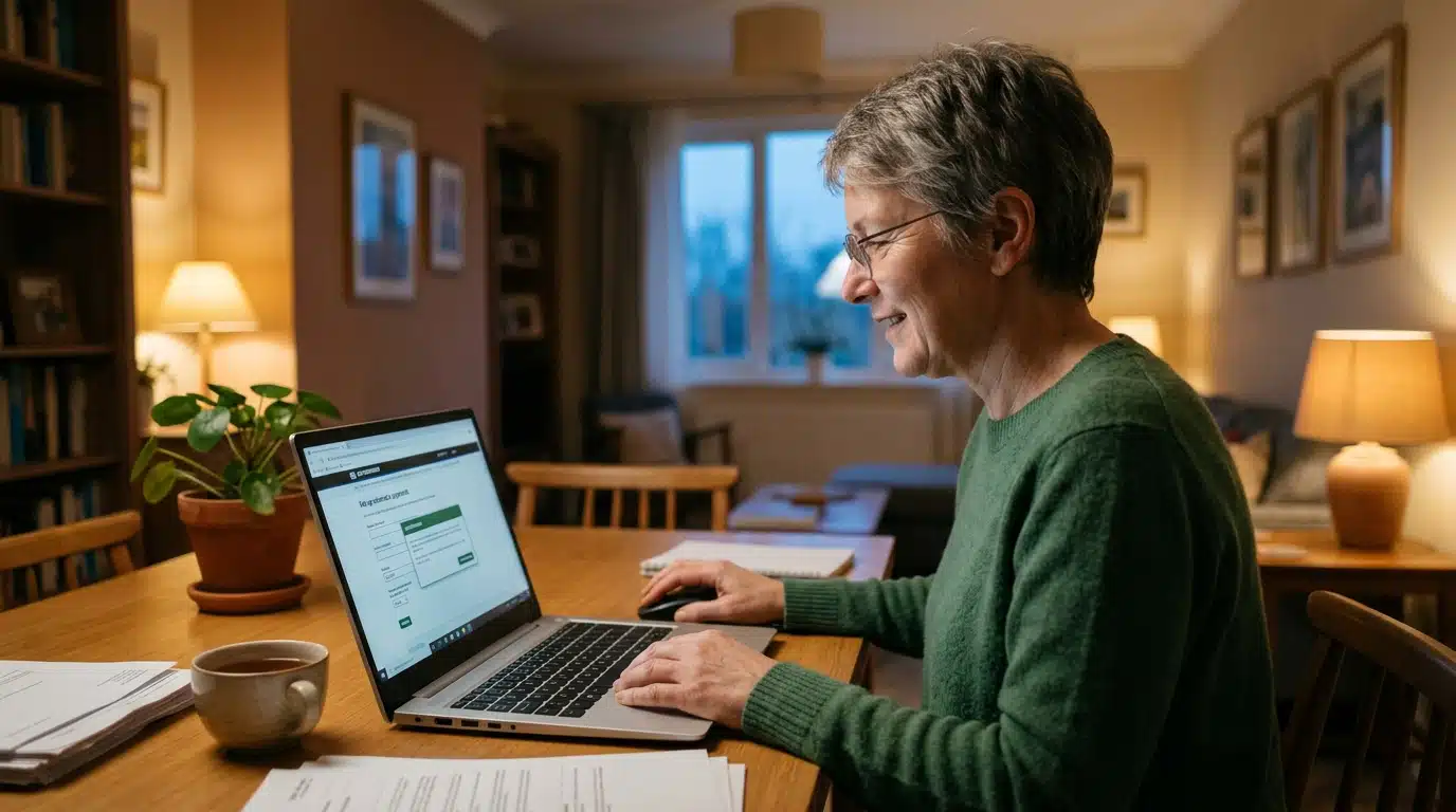 Femme mensualisant sa taxe foncière sur ordinateur portable